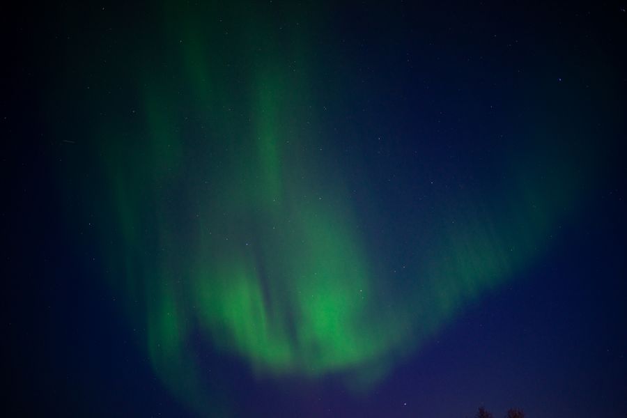 Green northern lights across a night sky